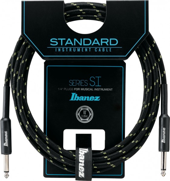 IBANEZ SI Series (Standard) Guitar Instrument Cable- 2 Straight Plugs Woven - Male - Male, Black x Green - 3,05 m / 10 ft (SI10-BG)