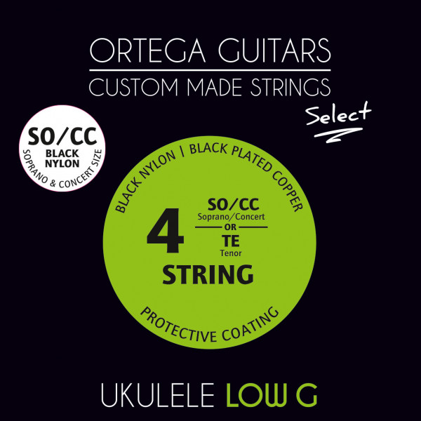 ORTEGA Ortega Custom Made Soprano/Konzert Low-G Ukulele Select Saiten Set, schwarzes Nylon, schwarz umsponnener Kupferdraht (UKSBK-SOCC-LG)